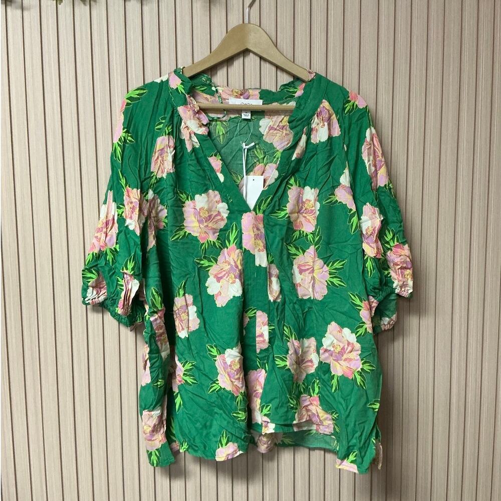 CeCe Women's Plus Peony Bloom Floral V-Neck Blouse Green 3/4 Sleeve Size 3X